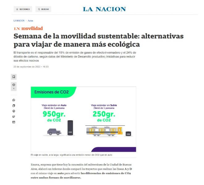 Nota de La Nación sobre la semana de movilidad sustentable