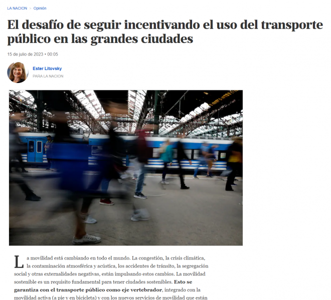 Nota de La Nación a Ester Litovsky sobre el desafío de seguir incentivando el uso del transporte público en grandes ciudades