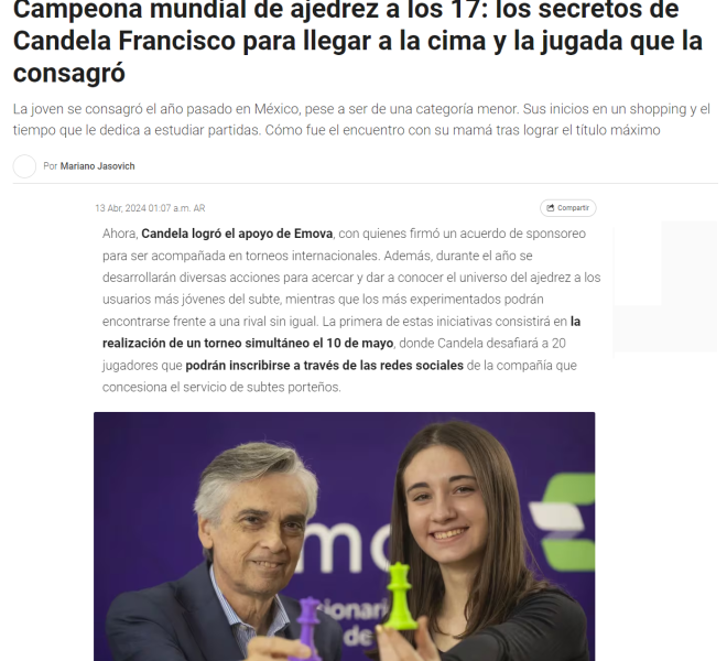 Nota de Infobae sobre el acuerdo entre Emova y Candela Francisco